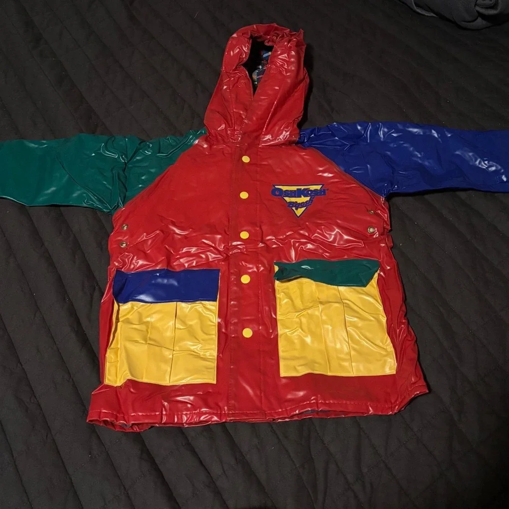 Vintage OshKosh Bgosh Colorblock Raincoat Red Blue Yellow Plaid Lined Hooded 4T
